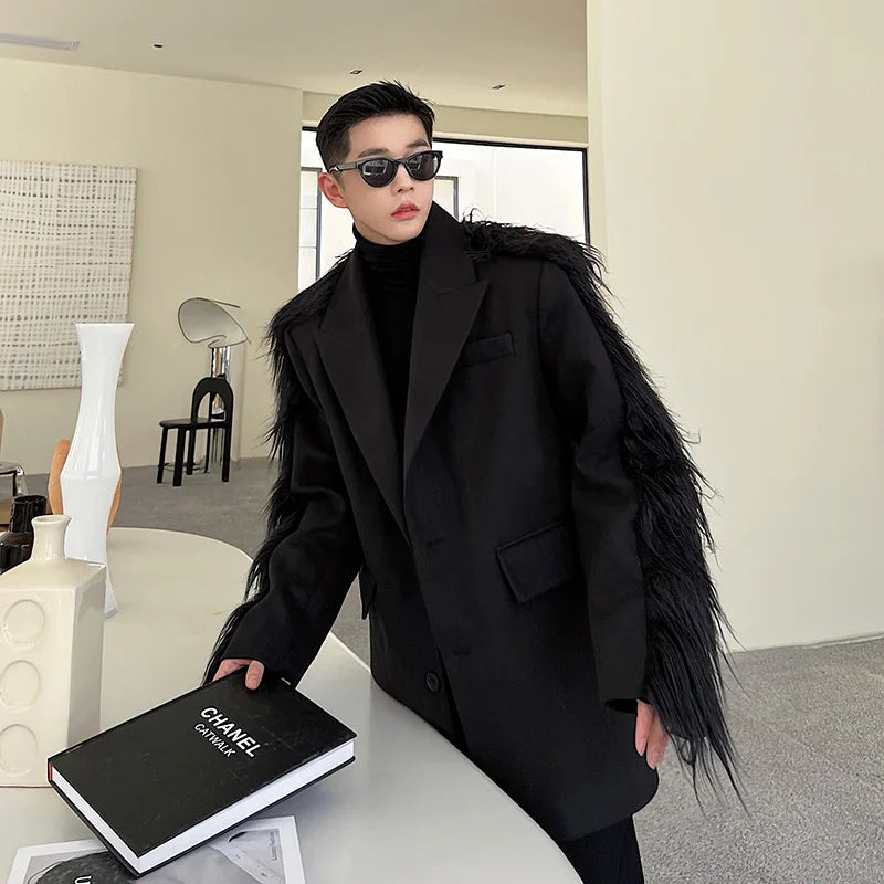Women Blazer Feathers Patchwork Irregular Black Chic And Elegant Woman Jacket Vintage Fashion Long Oversize Winter Jacket