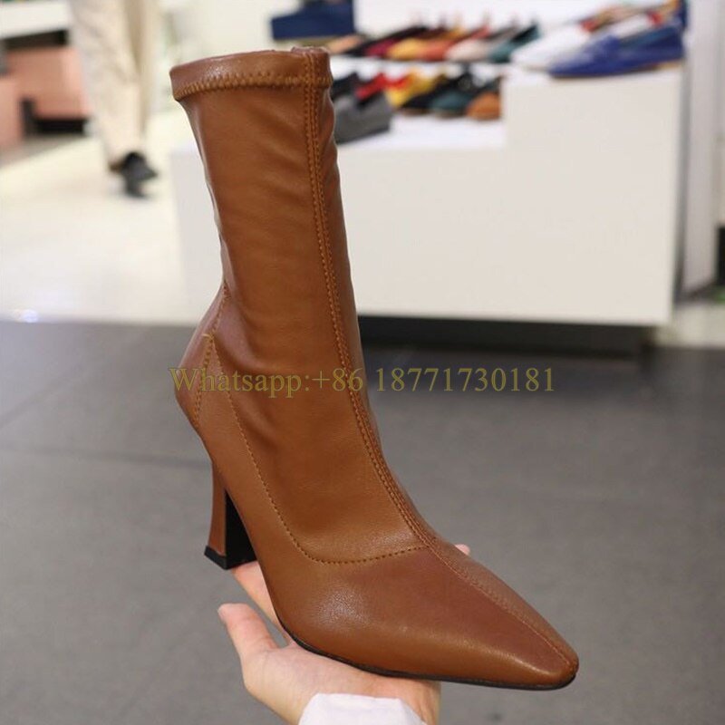 Square Toe Ankle Boots Woman Winter Fashion Square Heel Elastic Skinny Boots Woman Side Zipper High Heel Shoes