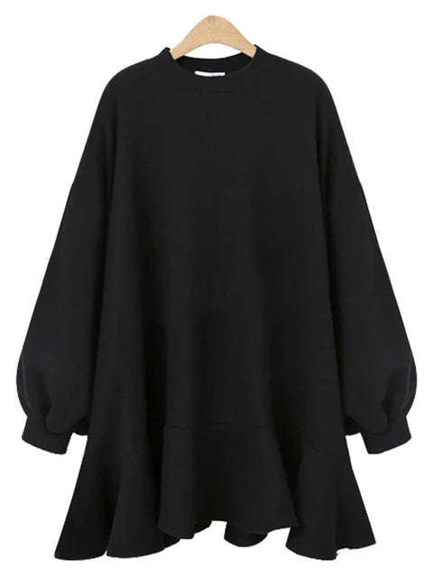 Solid Dress For Women Round Neck Lantern Sleeve Patchwork Ruched Minimalist Mini Dresses Female Spring Clothes New