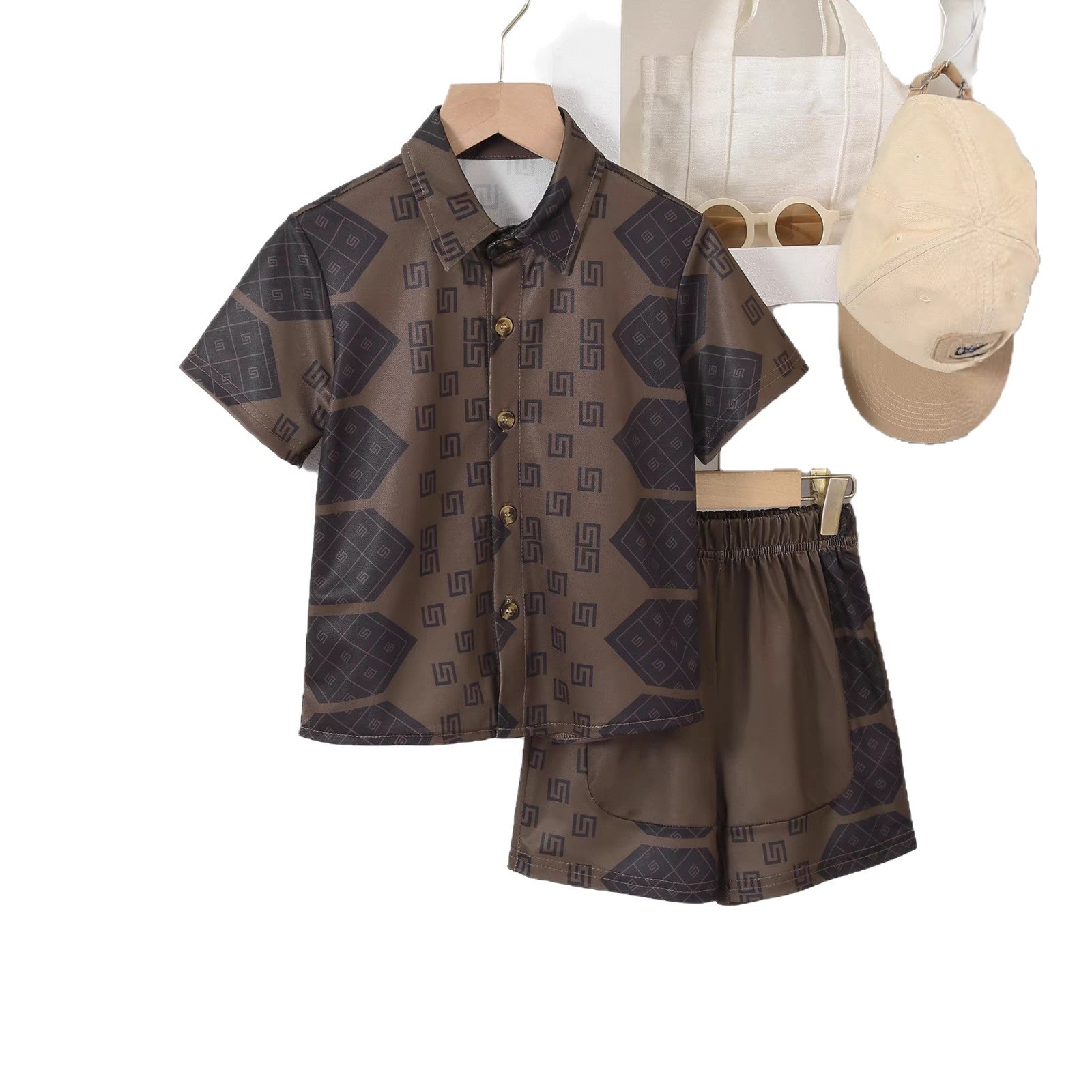 Boy's Geometric Print Short Sleeve Shirt Set