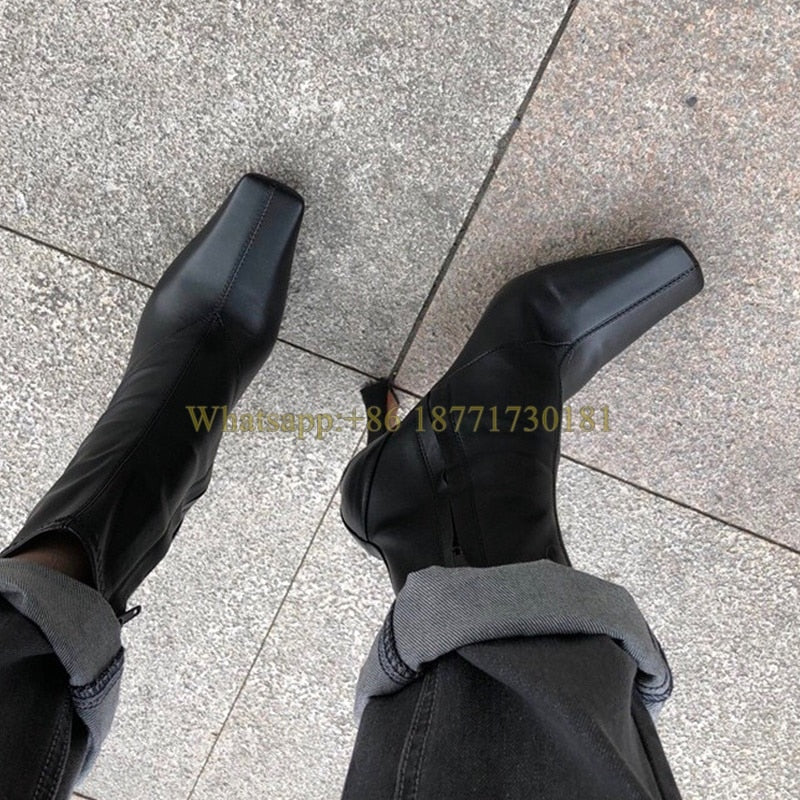 Square Toe Ankle Boots Woman Winter Fashion Square Heel Elastic Skinny Boots Woman Side Zipper High Heel Shoes
