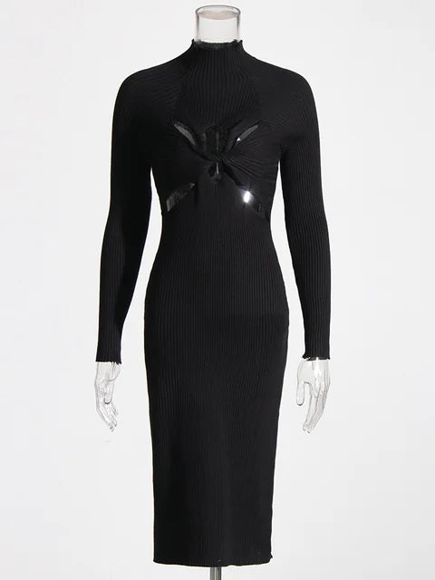 Tunic Crisscross Dresses For Women Half High Collar Long Sleeve Temperament Knitting Dress Female Fashion Clothes
