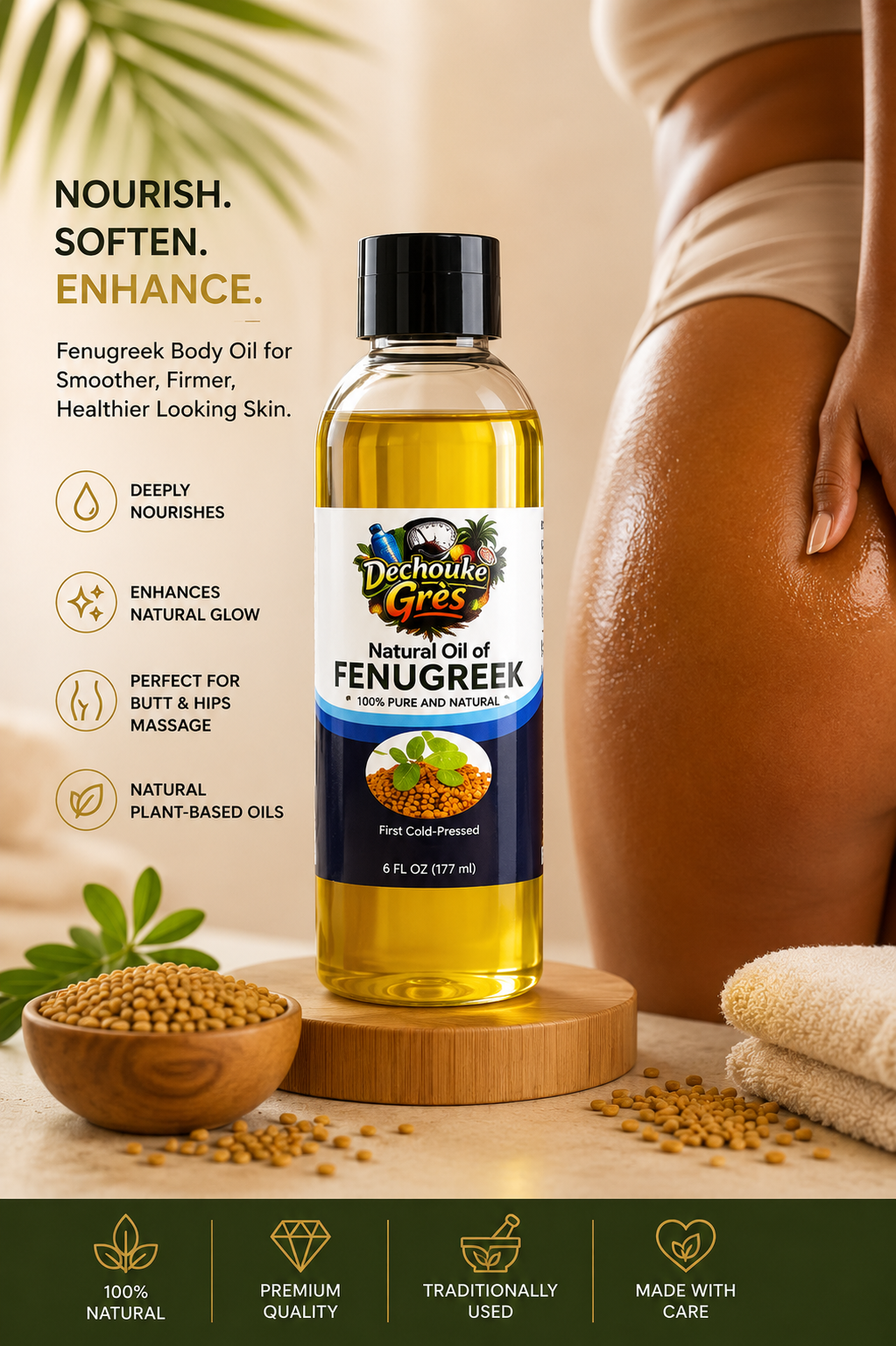 Dechouke Grès Natural Fenugreek Body Oil – 100% Pure Cold-Pressed Oil for Body & Curves