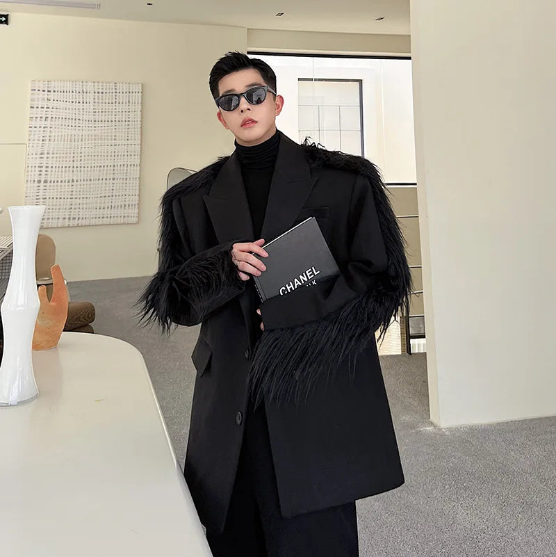 Women Blazer Feathers Patchwork Irregular Black Chic And Elegant Woman Jacket Vintage Fashion Long Oversize Winter Jacket