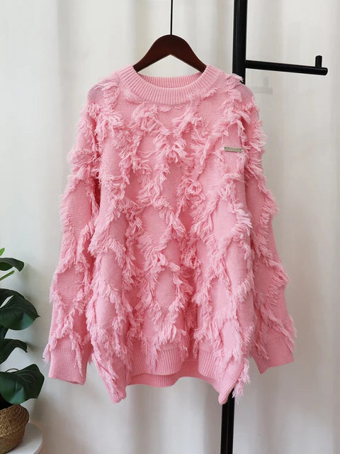 Tassel Long Sleeve Sweater Women O-neck Loose Pink Pullovers Knitwear Top Autumn Winter New Clothes