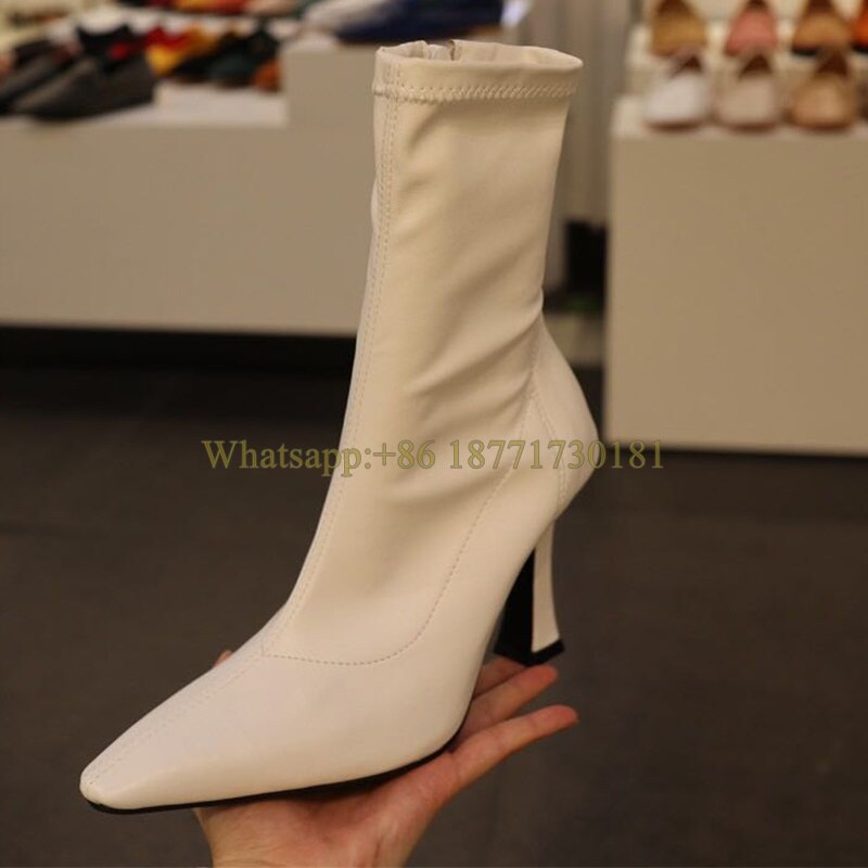 Square Toe Ankle Boots Woman Winter Fashion Square Heel Elastic Skinny Boots Woman Side Zipper High Heel Shoes
