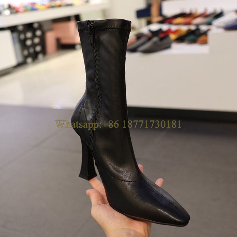 Square Toe Ankle Boots Woman Winter Fashion Square Heel Elastic Skinny Boots Woman Side Zipper High Heel Shoes