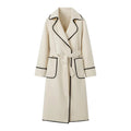 Woman Fashion Woolen Coat Casual Slim Turn Down Collar With Belt Double Pockets Trench