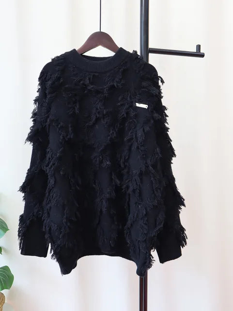 Tassel Long Sleeve Sweater Women O-neck Loose Pink Pullovers Knitwear Top Autumn Winter New Clothes