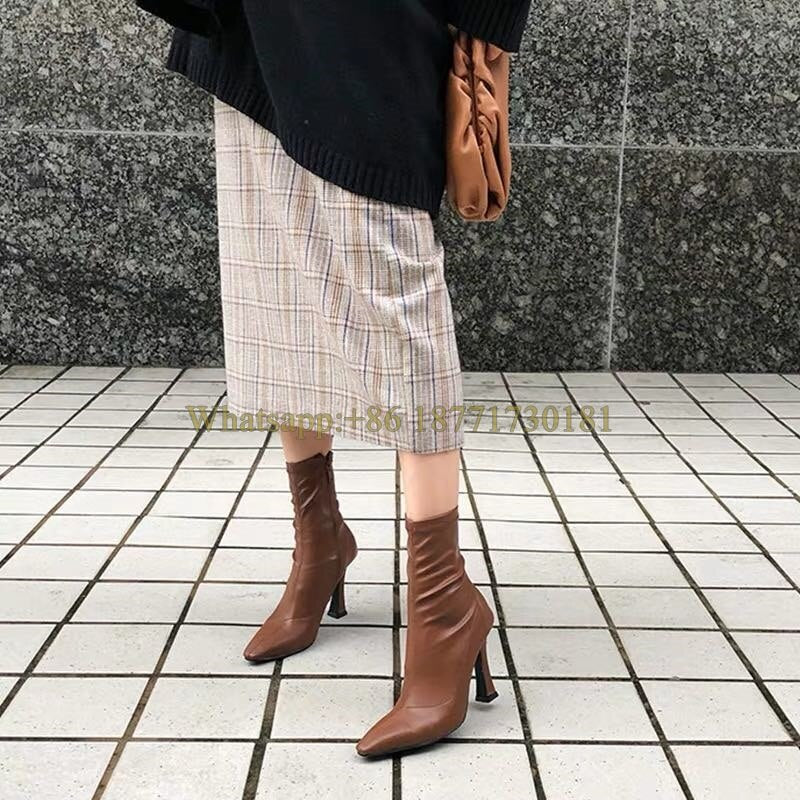 Square Toe Ankle Boots Woman Winter Fashion Square Heel Elastic Skinny Boots Woman Side Zipper High Heel Shoes