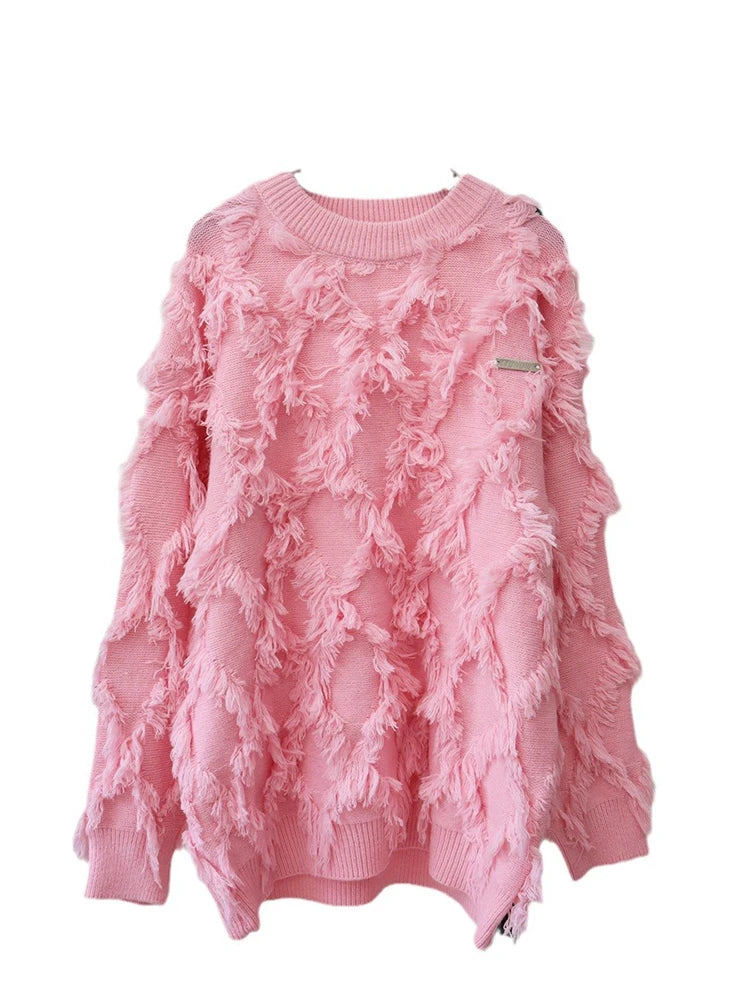 Tassel Long Sleeve Sweater Women O-neck Loose Pink Pullovers Knitwear Top Autumn Winter New Clothes