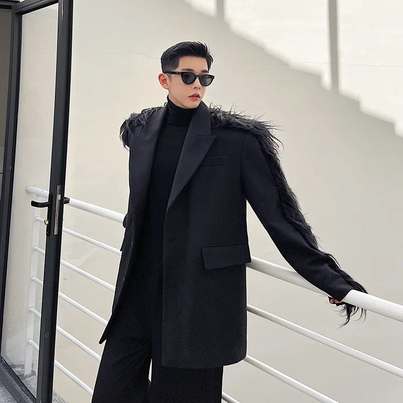 Women Blazer Feathers Patchwork Irregular Black Chic And Elegant Woman Jacket Vintage Fashion Long Oversize Winter Jacket