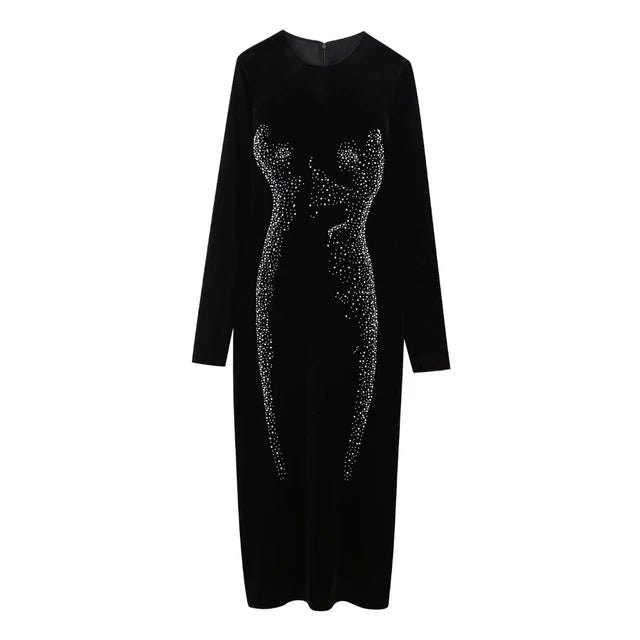 Velvet Midi Dress Woman Long Sleeve Rhinestone Long Dresses For Women Winter Elegant Dresses Female Party Dress