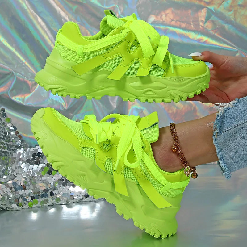 Spring Green Casual Sneakers Thick Sole Breathable Women Tennis Shoes Lace-up Fashion Outdoors Walking Shoes Couple