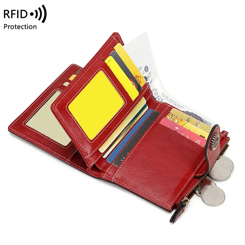 RFID Blocking Women’s Retro Wallet – Multi-Card Holder, Zipper Coin Purse, Anti-Theft Short Wallet with Buckle, Fashion Small Wallet for Cards, Cash, and Coins